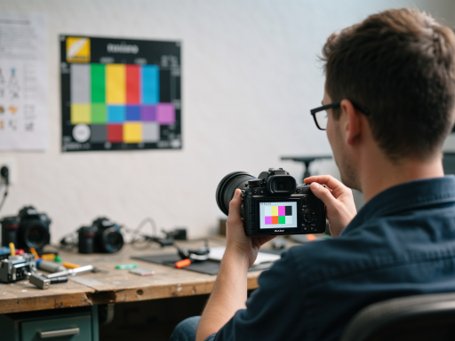 女性摄影师在工作室工作场景，桌上摆放各种数码设备和相机，自然光线，现代办公环境
