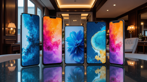 数码产品评测场景，桌面上摆放多款智能手机，专业布光，高清细节