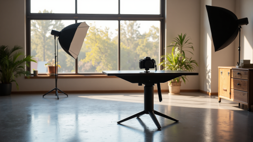 摄影器材展示，专业相机设备摆放在工作台上，柔和灯光，专业环境