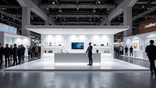 科技展会现场，展台展示最新数码产品，人群参观，现代展览环境